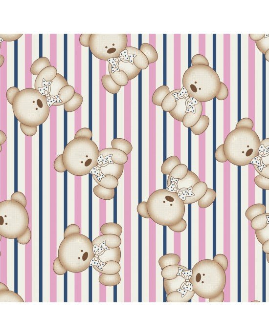 Tecido Tricoline Estampada Ursinho cor 11 (Rosa com Marinho) Tecido Tricoline Estampada Ursinho cor 11 (Rosa com Marinho)